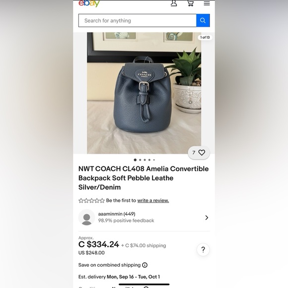 COACH Amelia Convertible Crossbody/Bagpack Soft Pebble Leather Silver/Denim NWOT - Picture 9 of 12